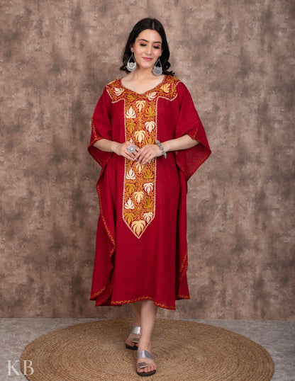 Long Neck Maroon Embroidered Kaftan