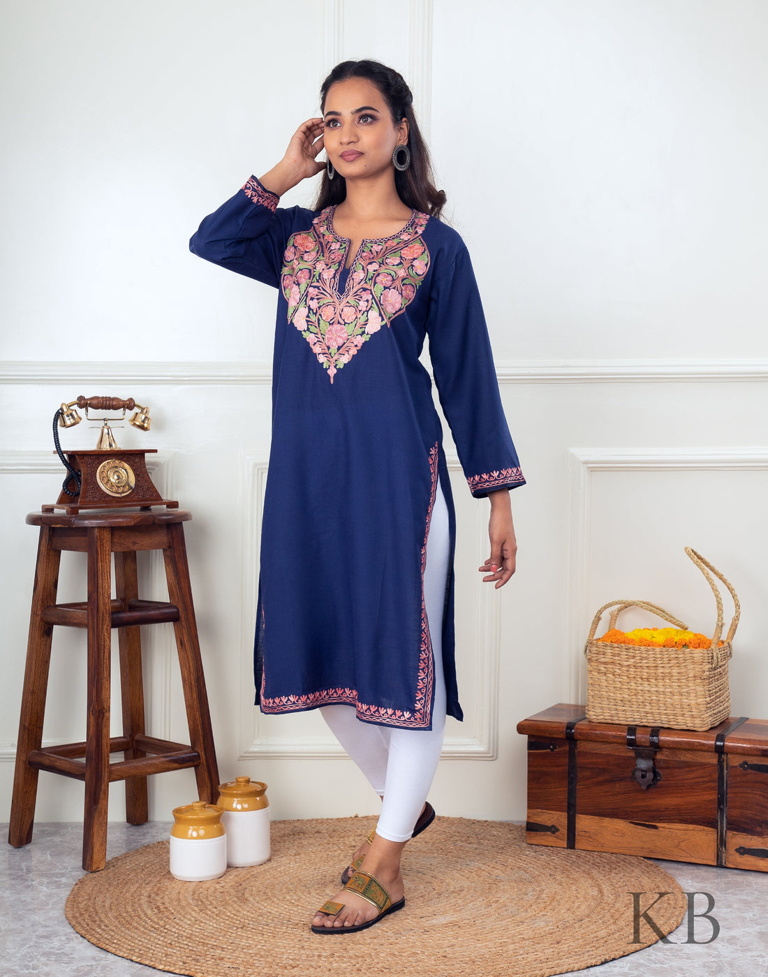 Full Neck Design Aari Embroidered Cotton Kurti