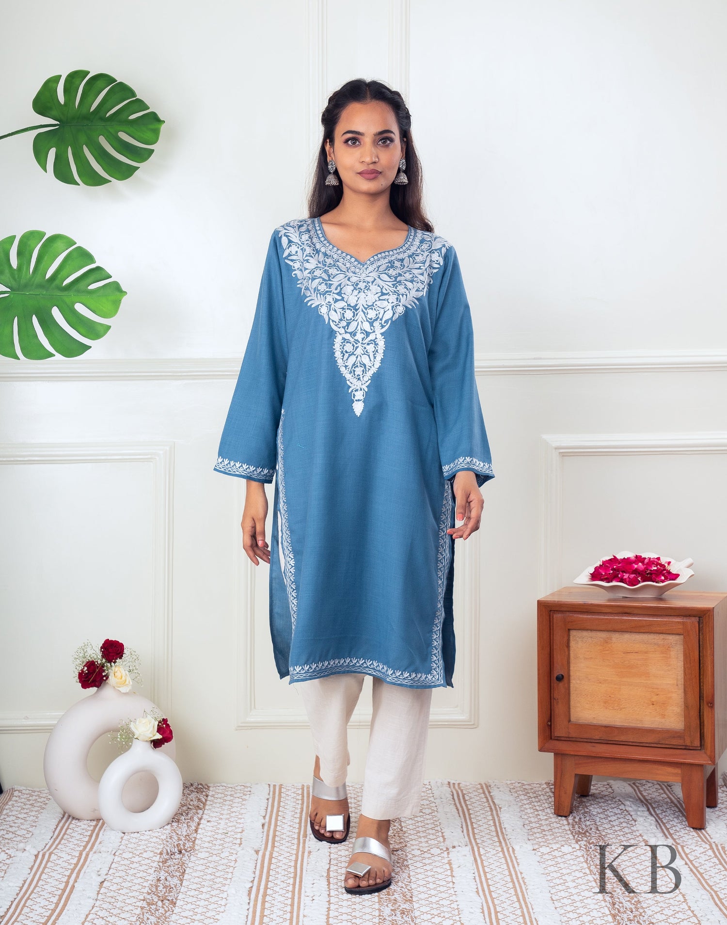 Light Blue Zari Embroidered Cotton Kurti