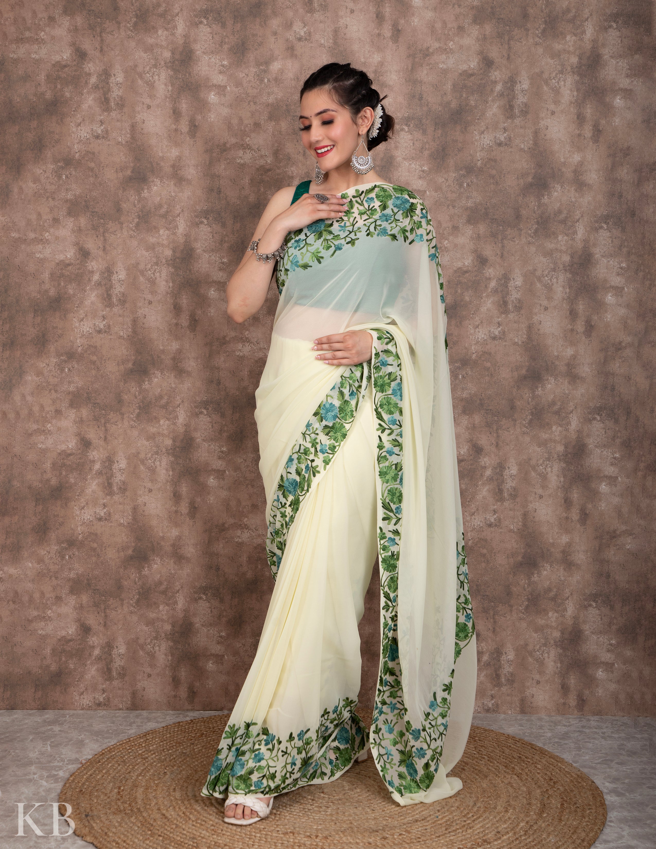 Lemon Yellow Flowery Vine Aari Georgette Saree - Kashmir Box