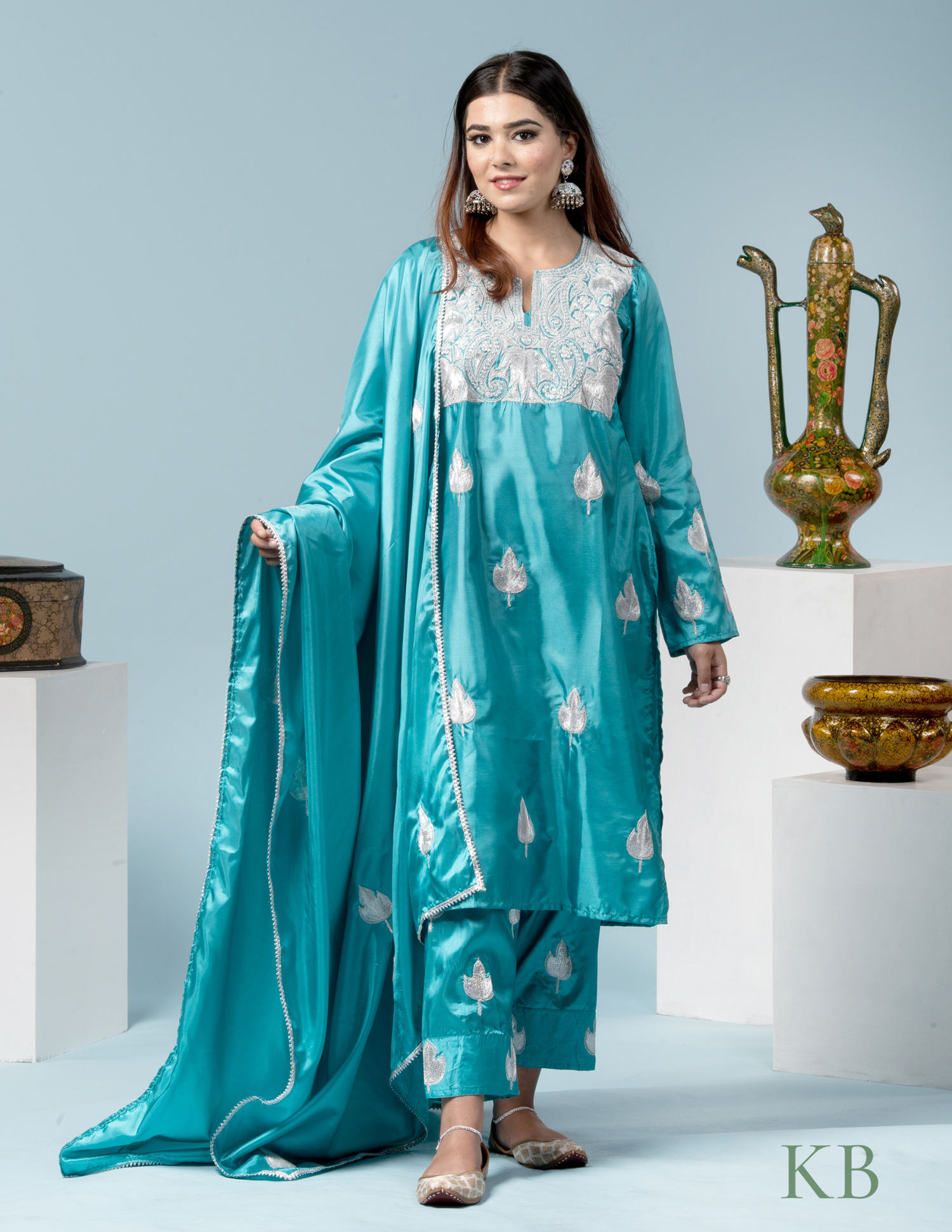 Inara Tilla Embroidered Sky Blue Silk Suit with 2.5 Meters Dupatta - Kashmir Box