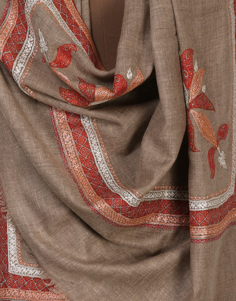 Natural Pashm Embroidered Cashmere Shawl - Kashmir Box