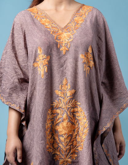 Tan Brown Aari Embroidered Short Kaftan - Kashmir Box