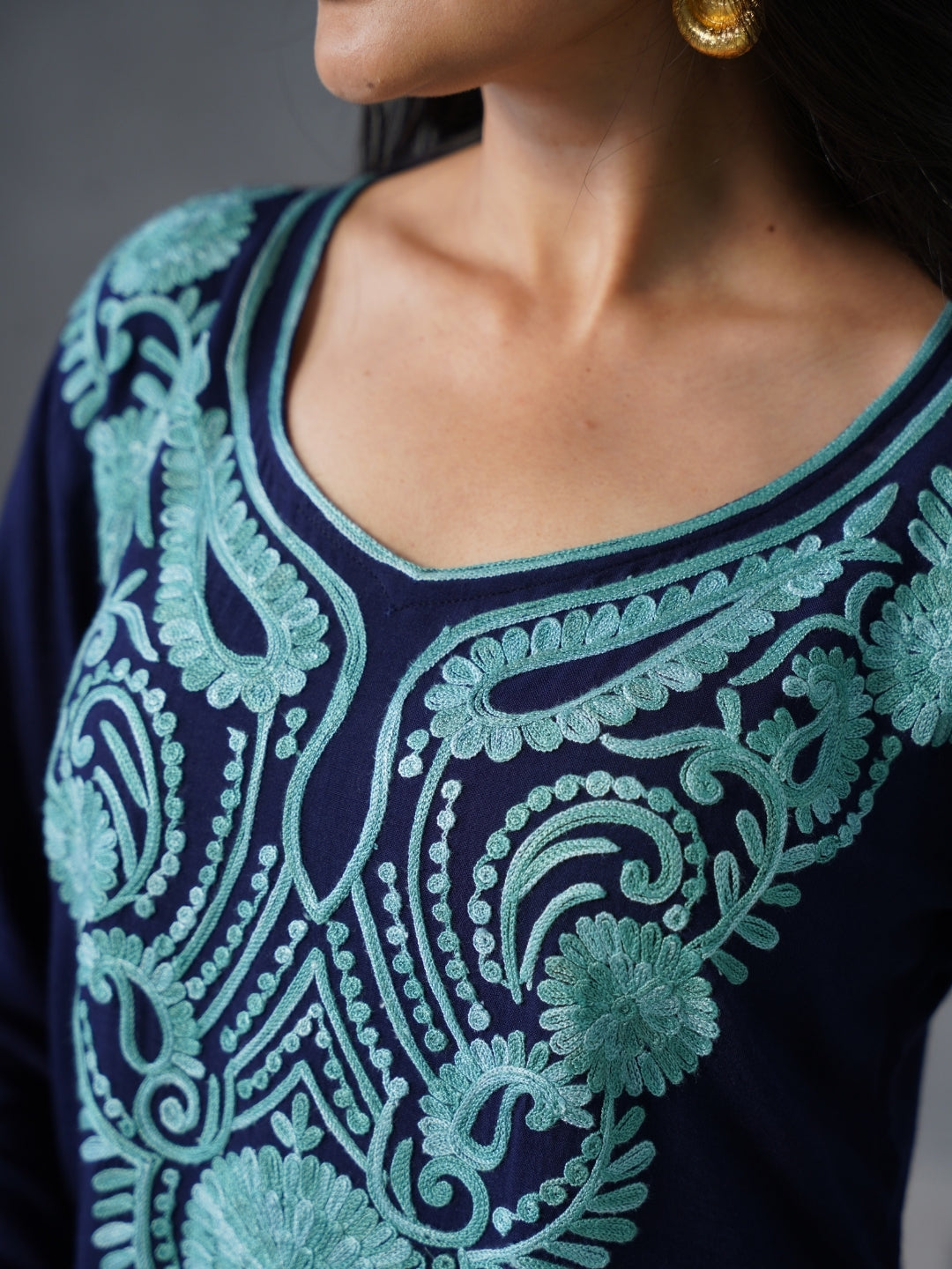 Women’s Navy Blue Kashmiri Aari Embroidered Short Kurti – Casual &amp; Office Wear