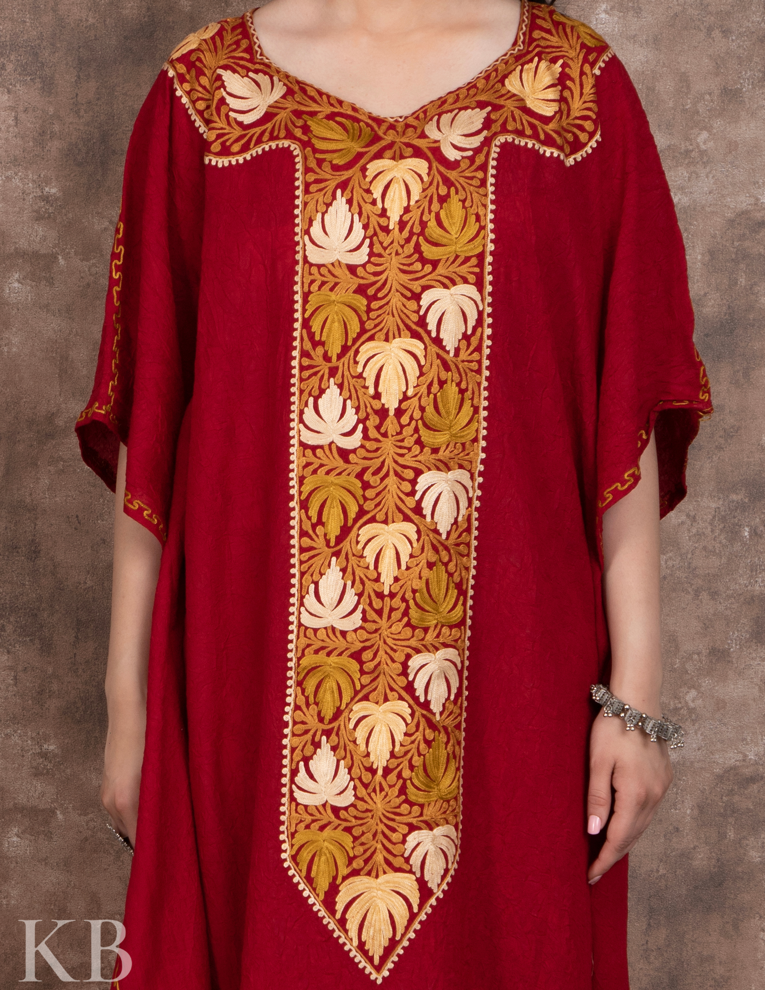 Long Neck Maroon Embroidered Kaftan