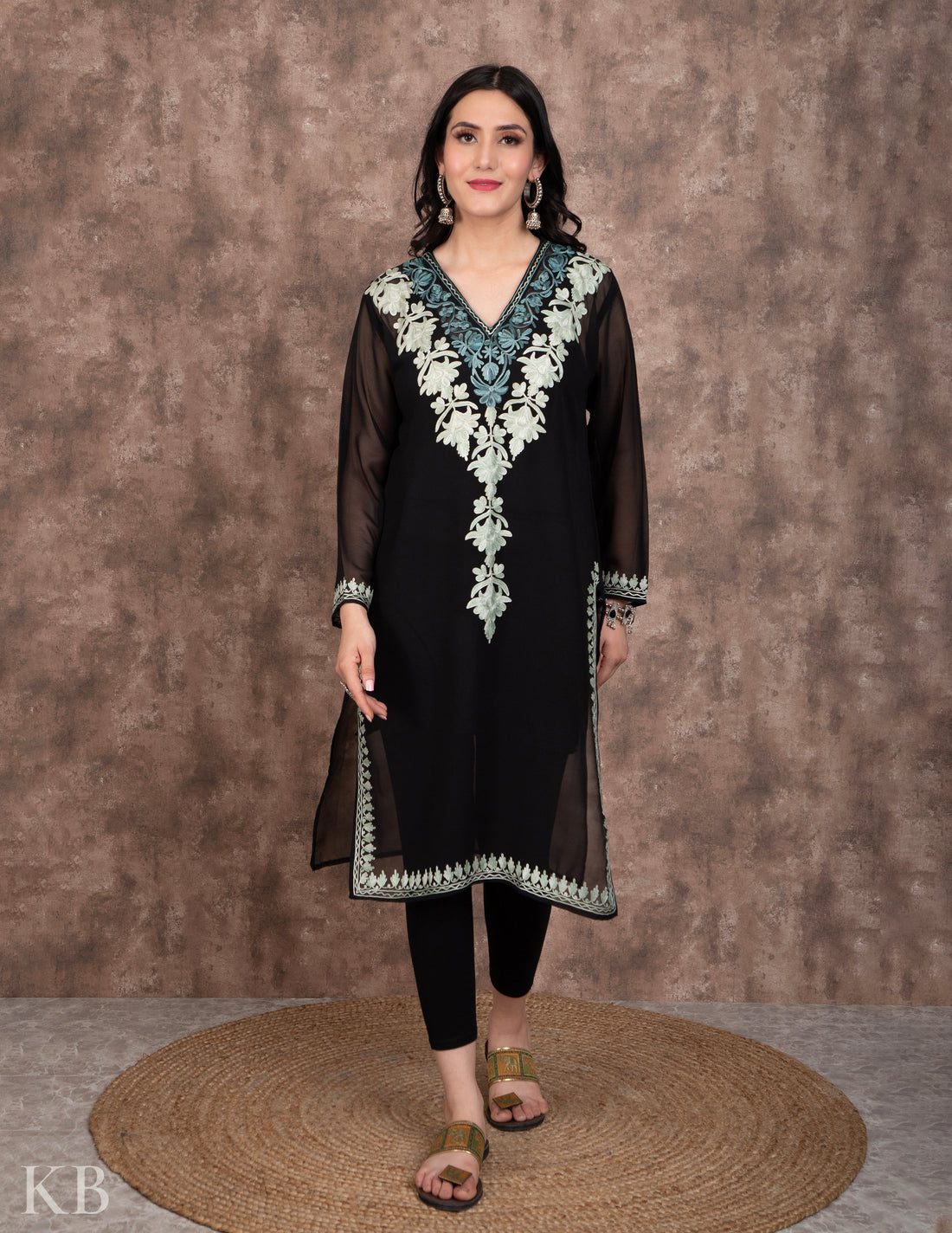 Black Lotus Vine Aari Embroidery Georgette Kurti