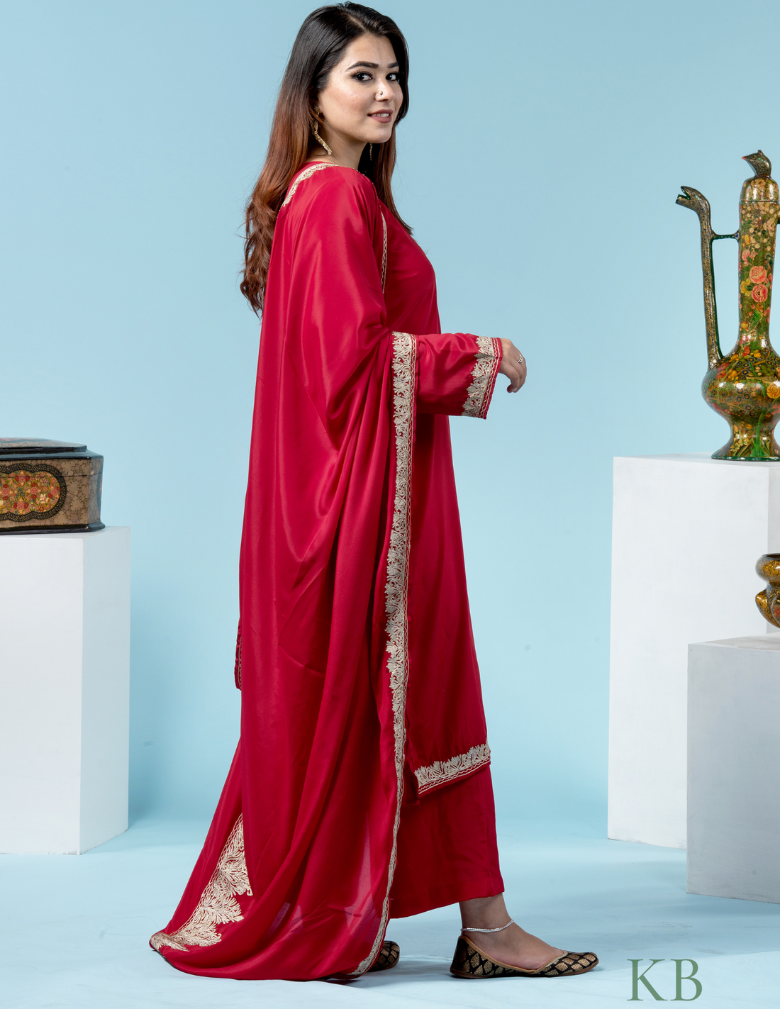 Fitoor Zari Embroidered Red Crepe Suit with 2.5 Meters Dupatta - Kashmir Box