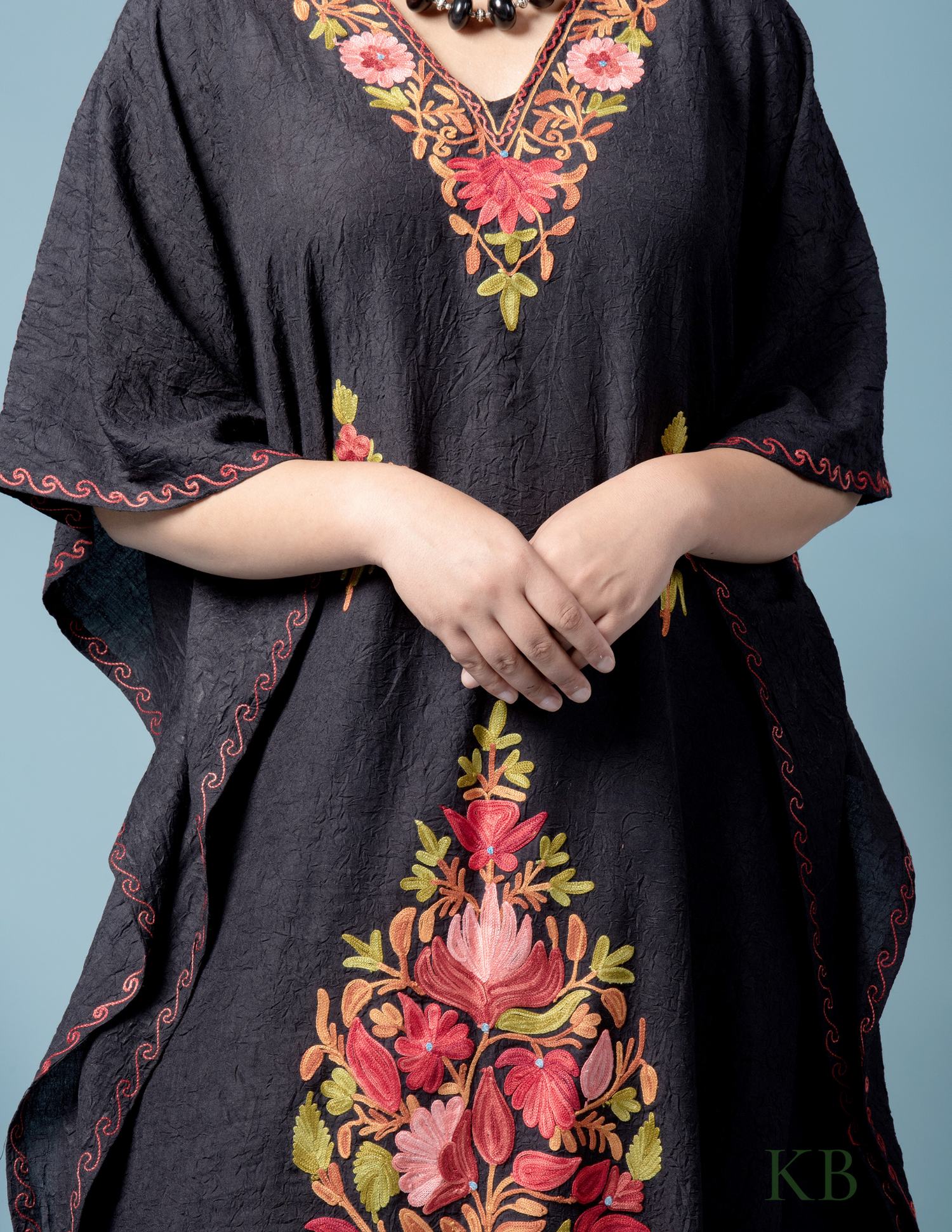 Black Floral Aari Embroidered Cotton Kaftan - Kashmir Box