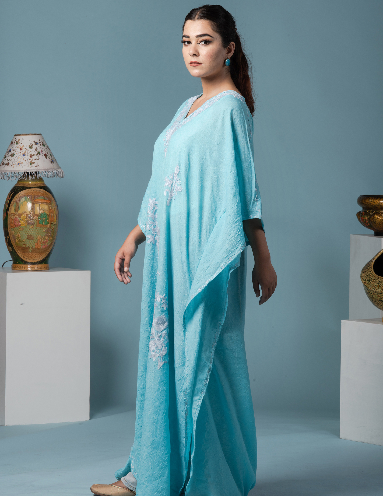 Blue Grey Aari Embroidered Cotton Kaftan - Kashmir Box