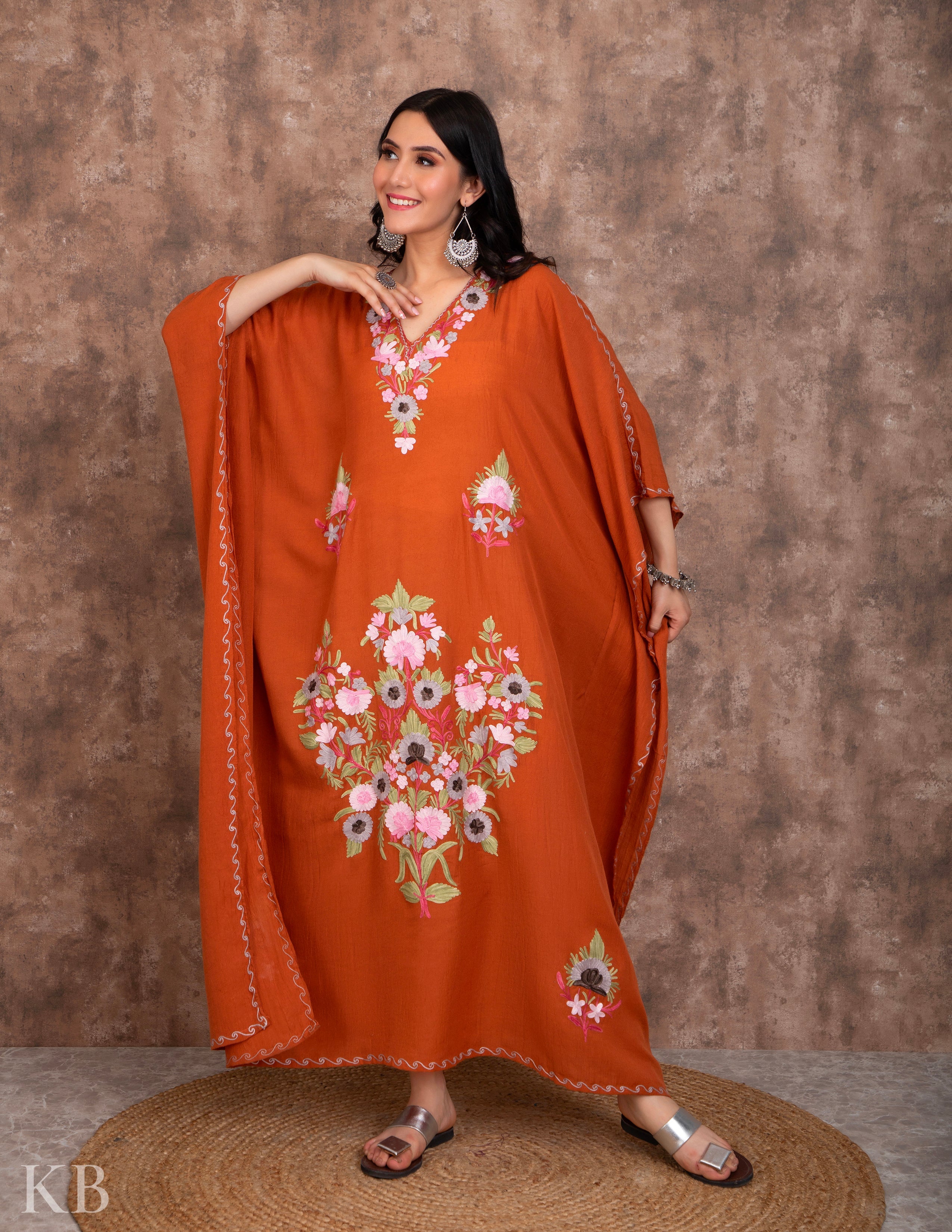 Peach Aari Embroidered Kaftan - Kashmir Box