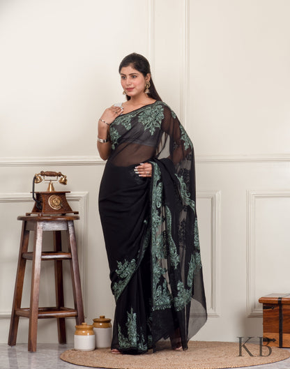 Black Aari Border Embroidered Georgette Saree - Kashmir Box