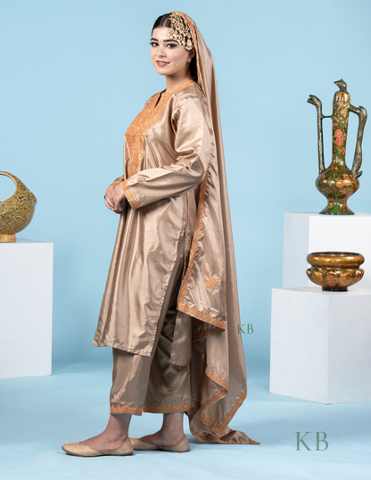 Zaaem Tilla Embroidered Golden Silk Suit with 2.5 Meters Dupatta - Kashmir Box