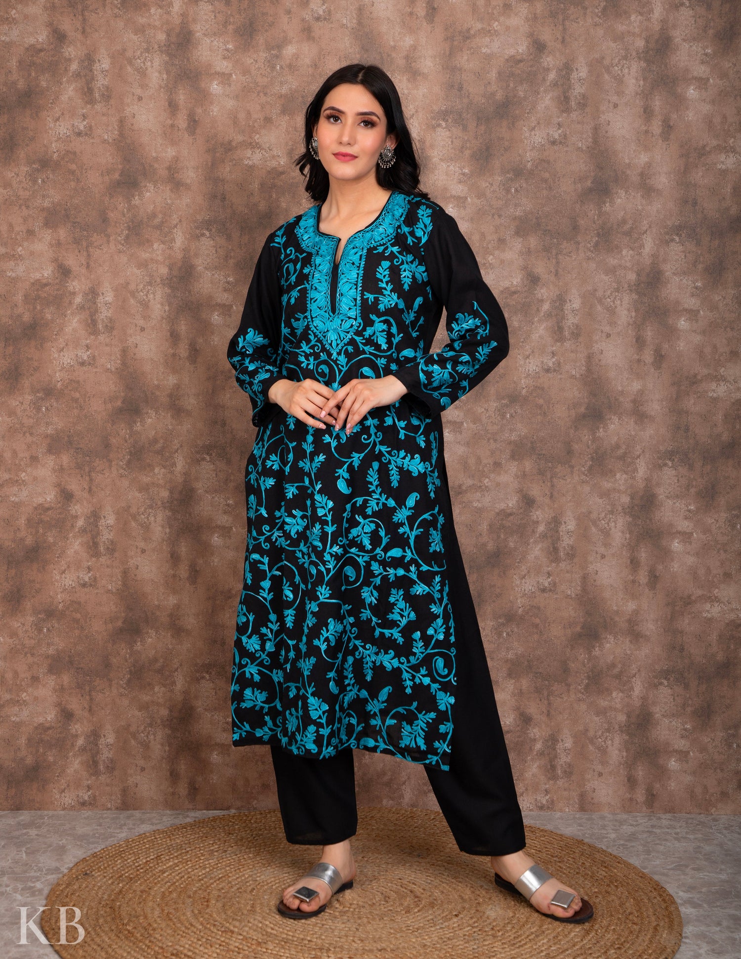 Sea Green Aari Embroidered Summer Suit - Kashmir Box