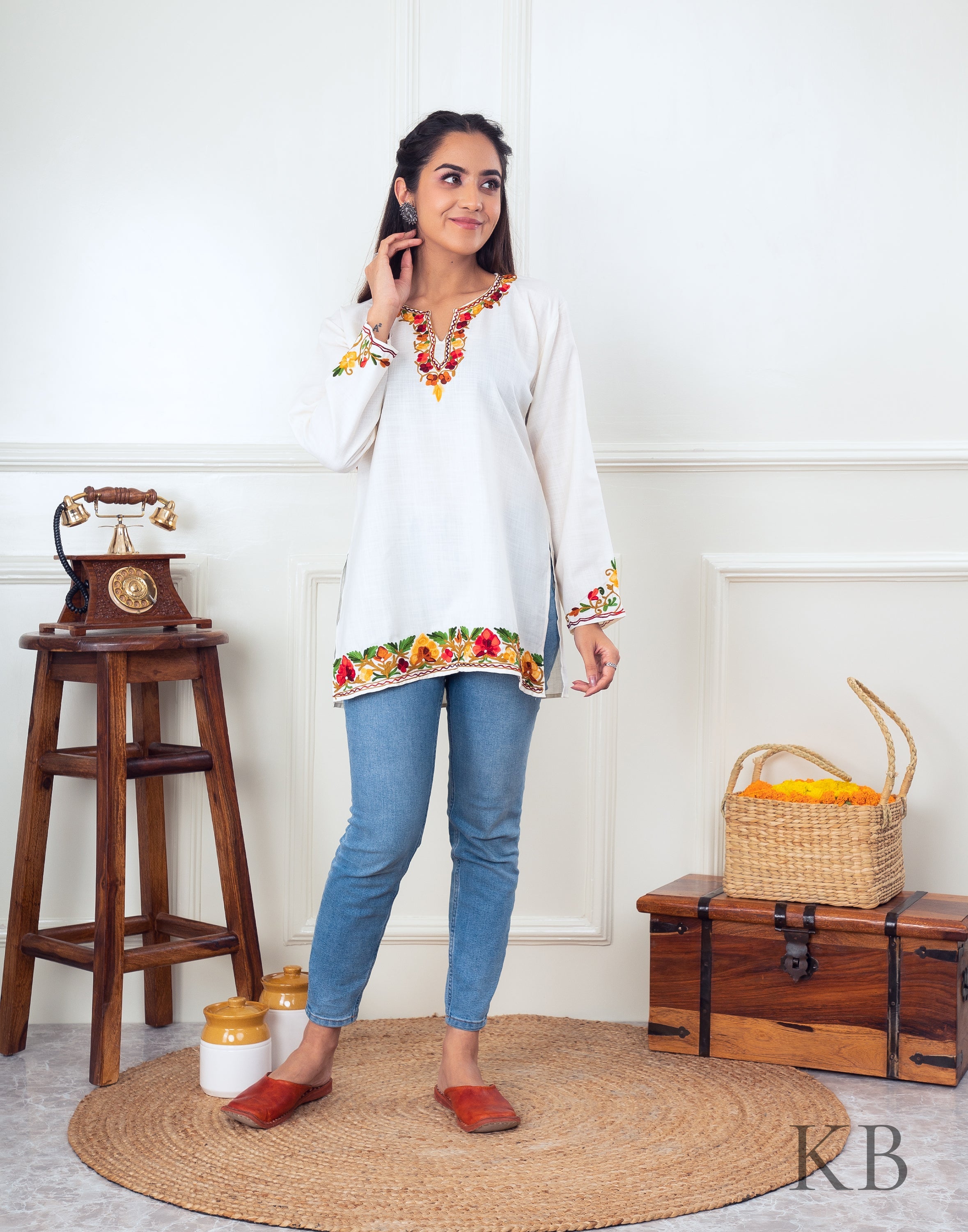 Multi Flower Aari Embroidered Cotton Top