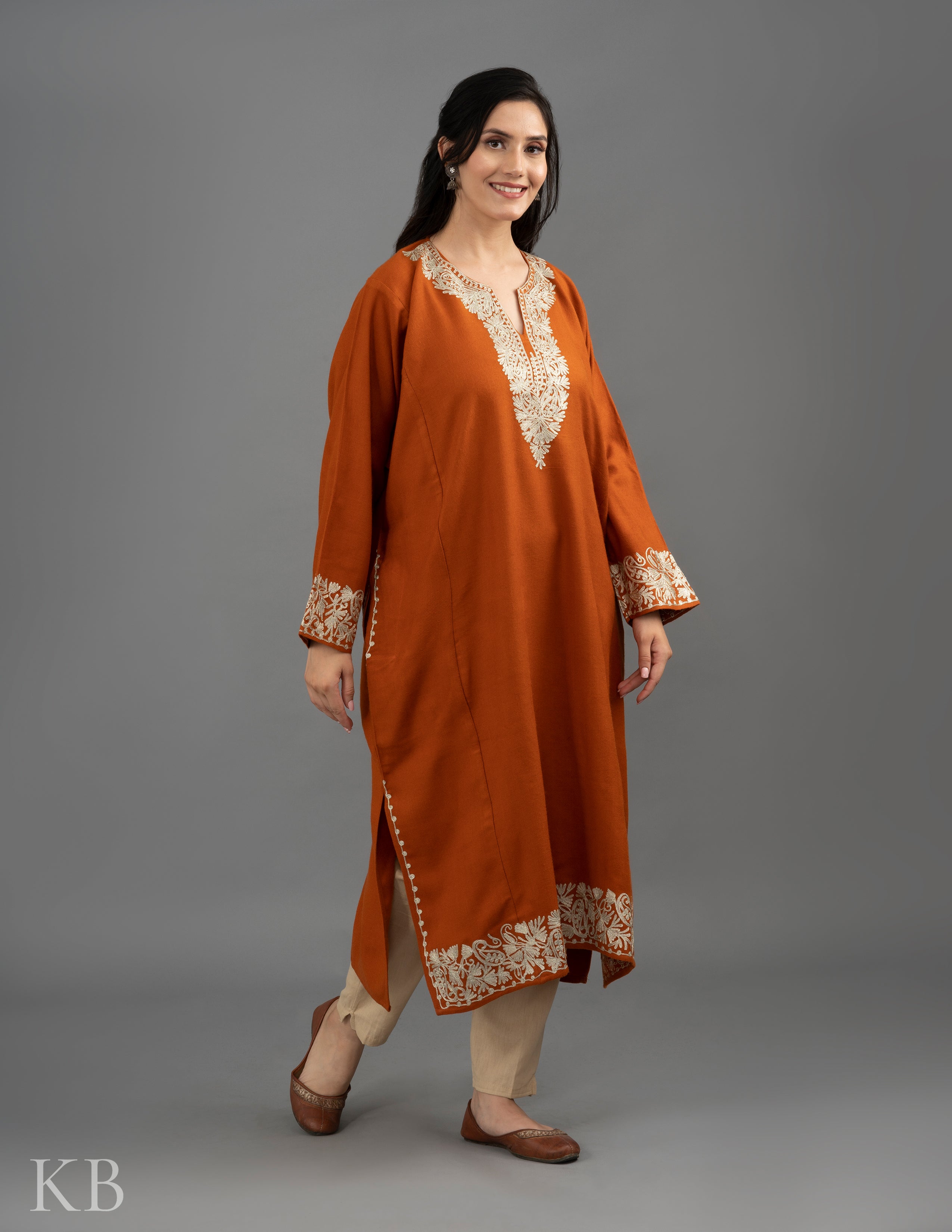 Zari Embroidered Orange Cashmilon Phiran - Kashmir Box