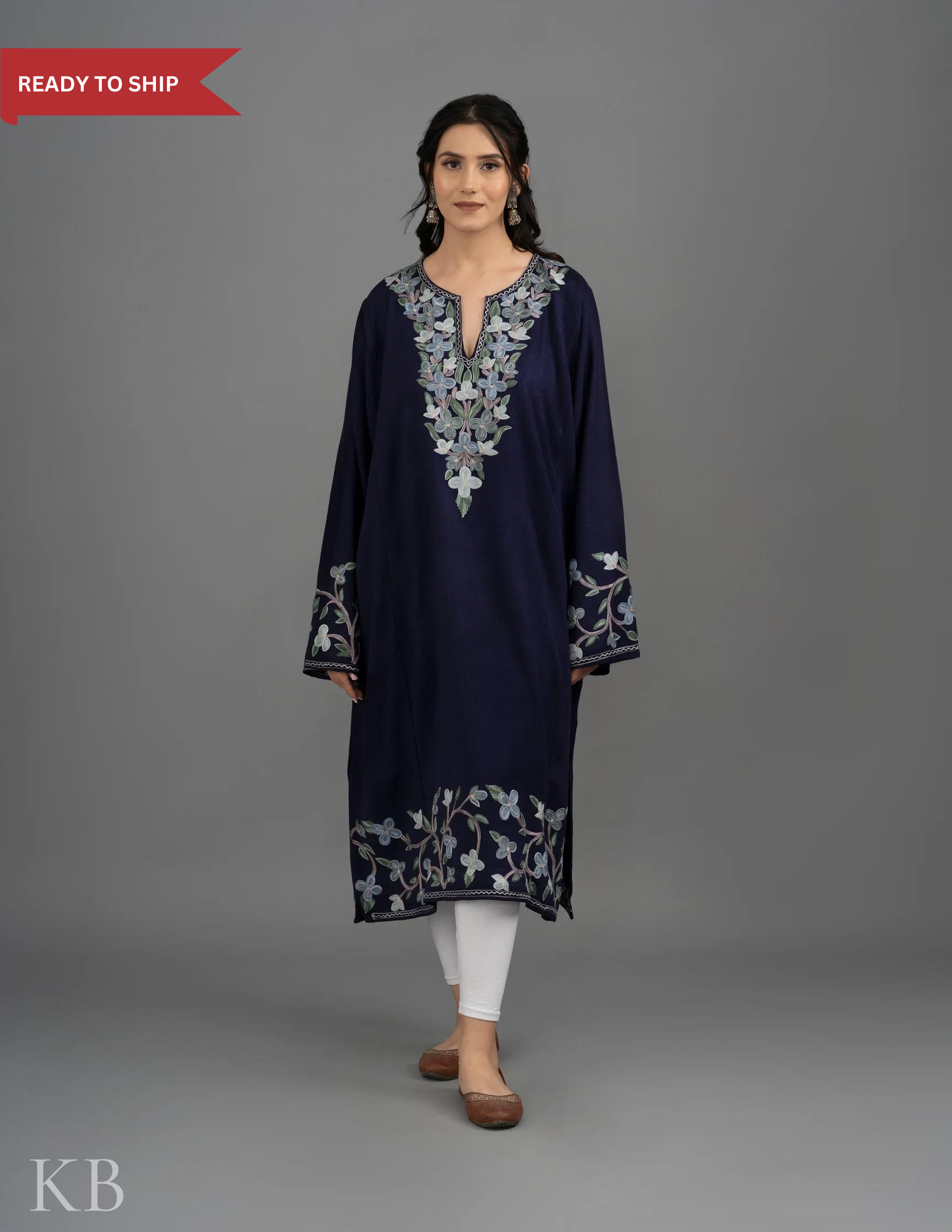 V-Neck Aari Embroidered Cashmilon Phiran - Kashmir Box