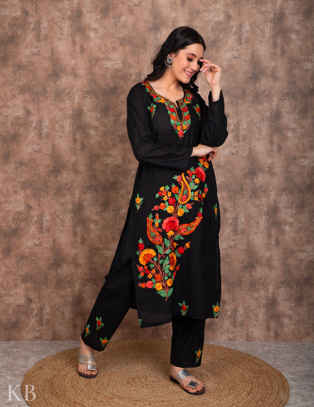 Classic Black Embroidered Cotton Suit - Kashmir Box