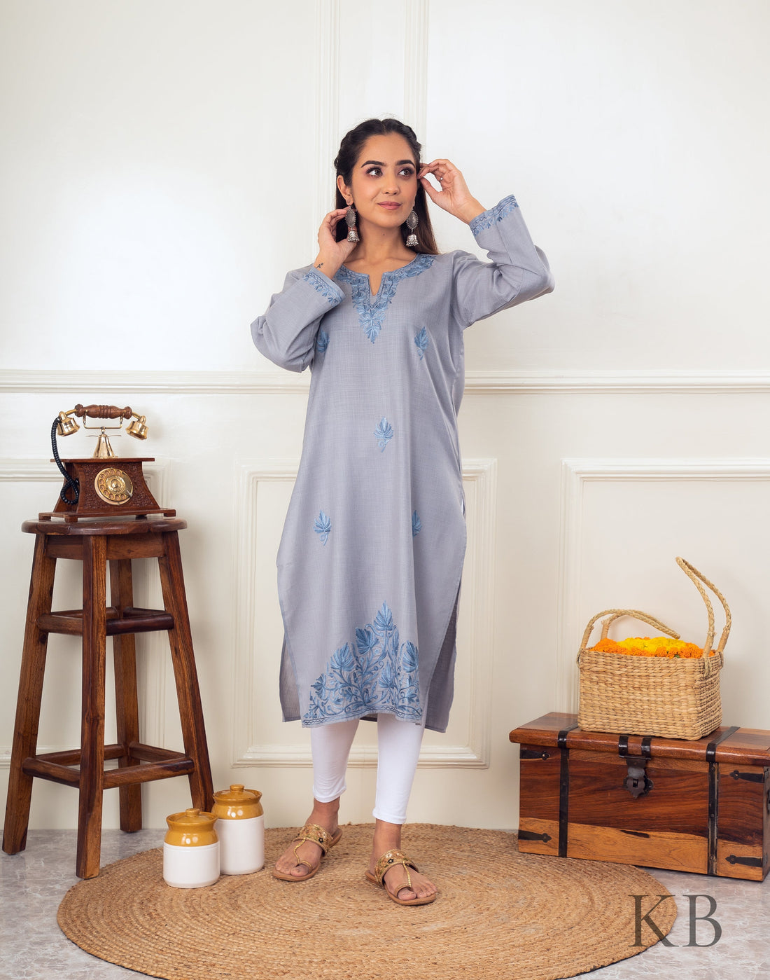 Subtle Stone Grey Aari Embroidered Cotton Kurti