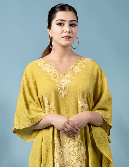 Apple Green Aari Embroidered Short Kaftan - Kashmir Box