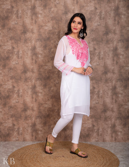 Powdered White Aari Embroidered Georgette Kurti