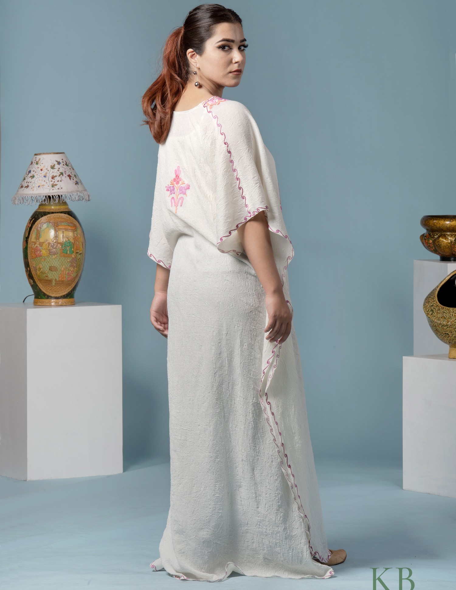 White Floral Aari Embroidered Cotton Kaftan - Kashmir Box