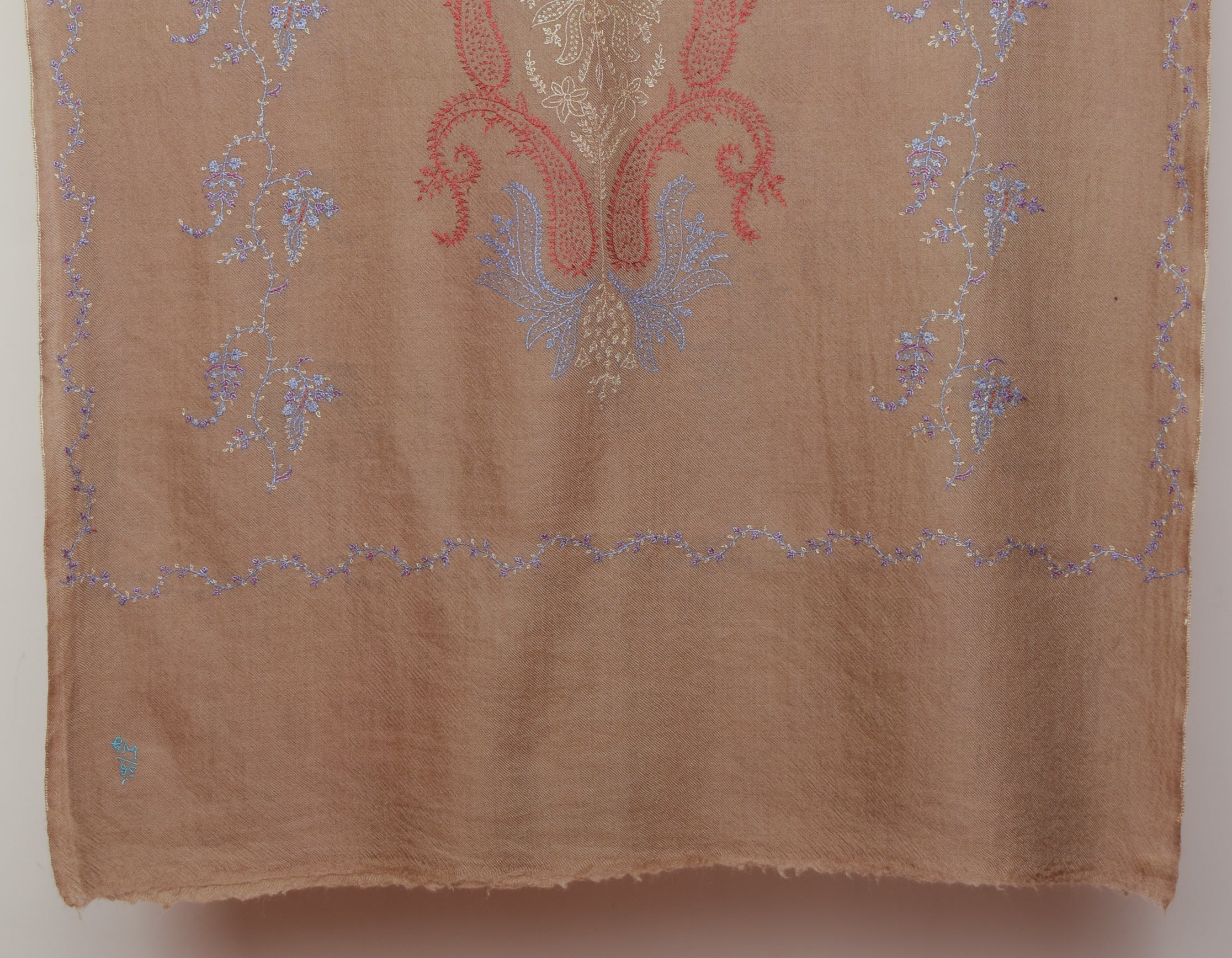 Autumn Brown Handwoven Paisley Embroidered Cashmere Pashmina Stole