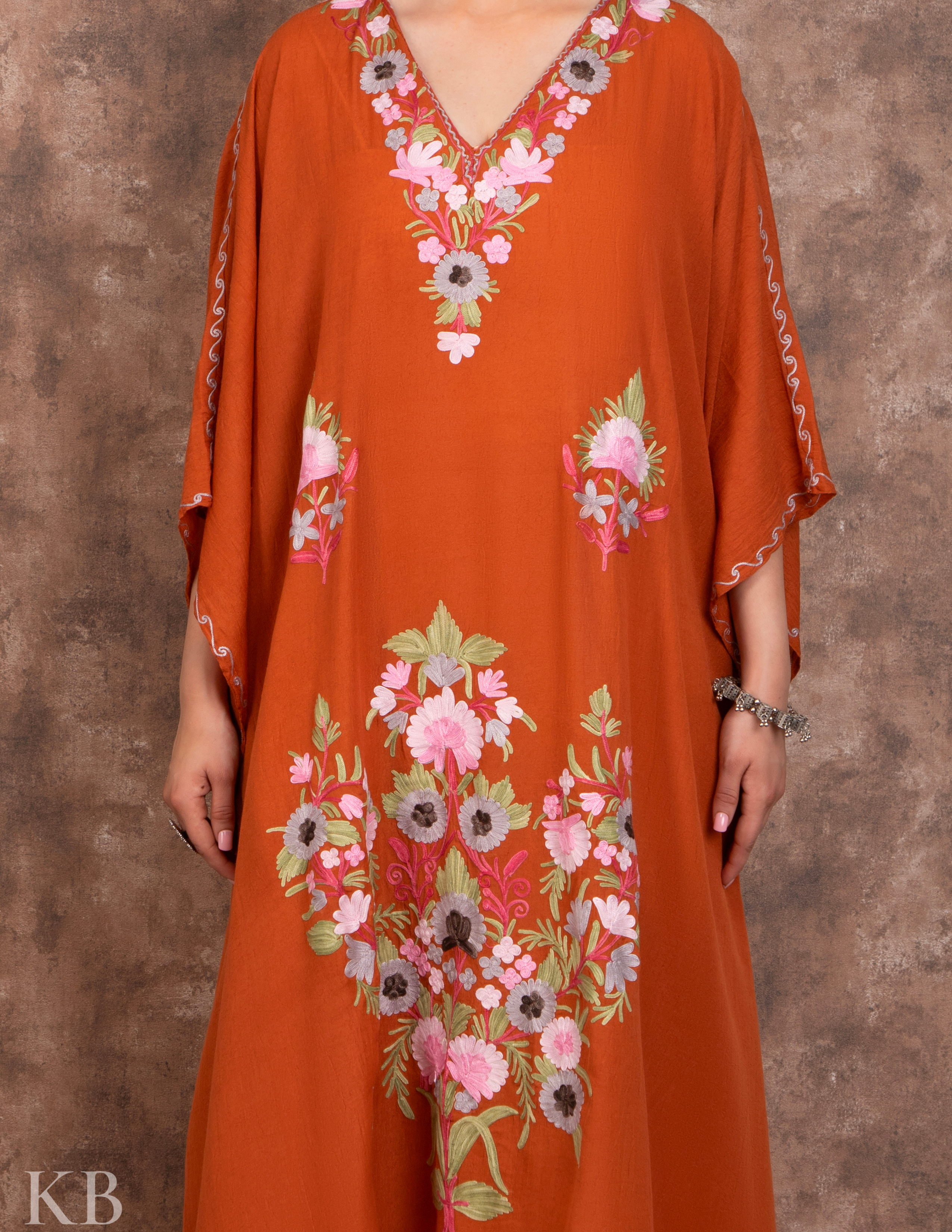 Peach Aari Embroidered Kaftan - Kashmir Box