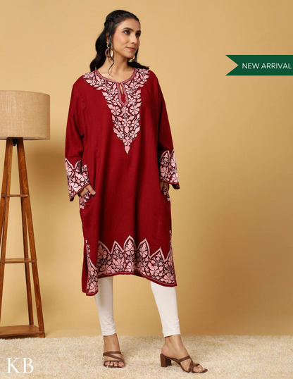 Timeless Maroon Pure Wool Aari Embroidered Phiran - Kashmir Box