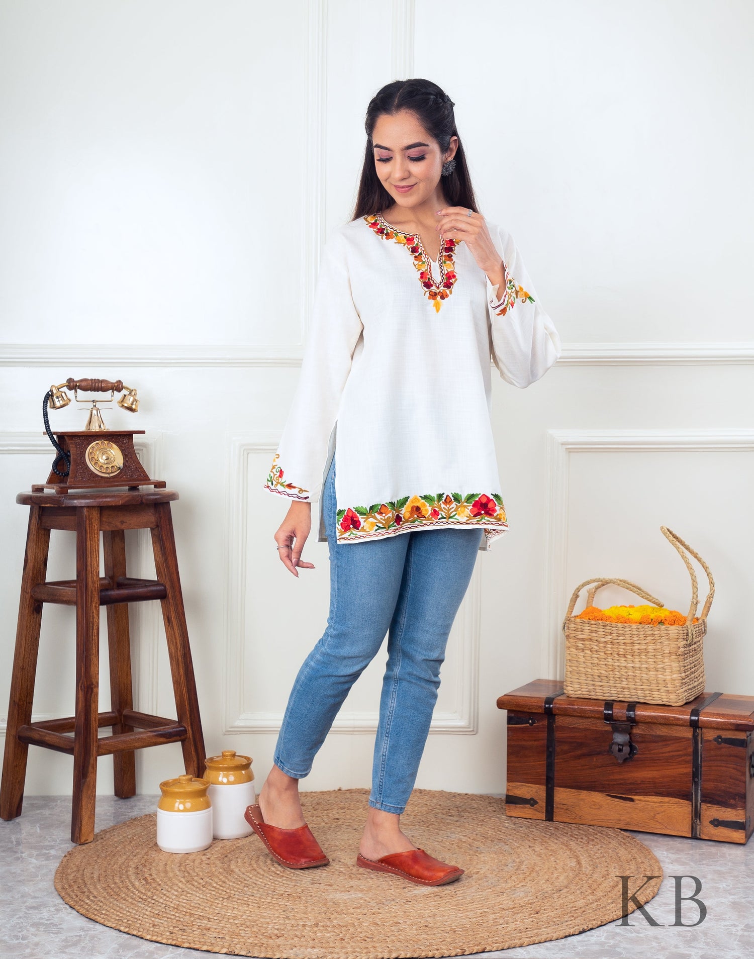 Multi Flower Aari Embroidered Cotton Top