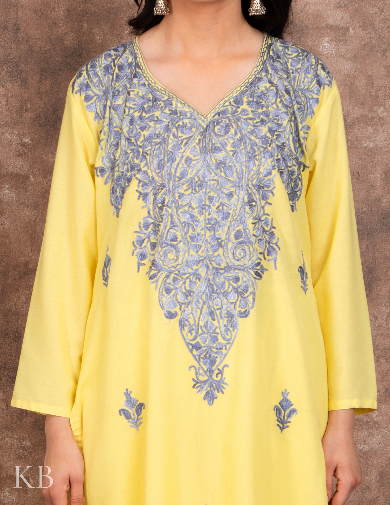 Lemon Aari embroidered Cotton Suit with Dupatta - Kashmir Box