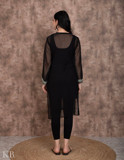 Black Lotus Vine Aari Embroidery Georgette Kurti