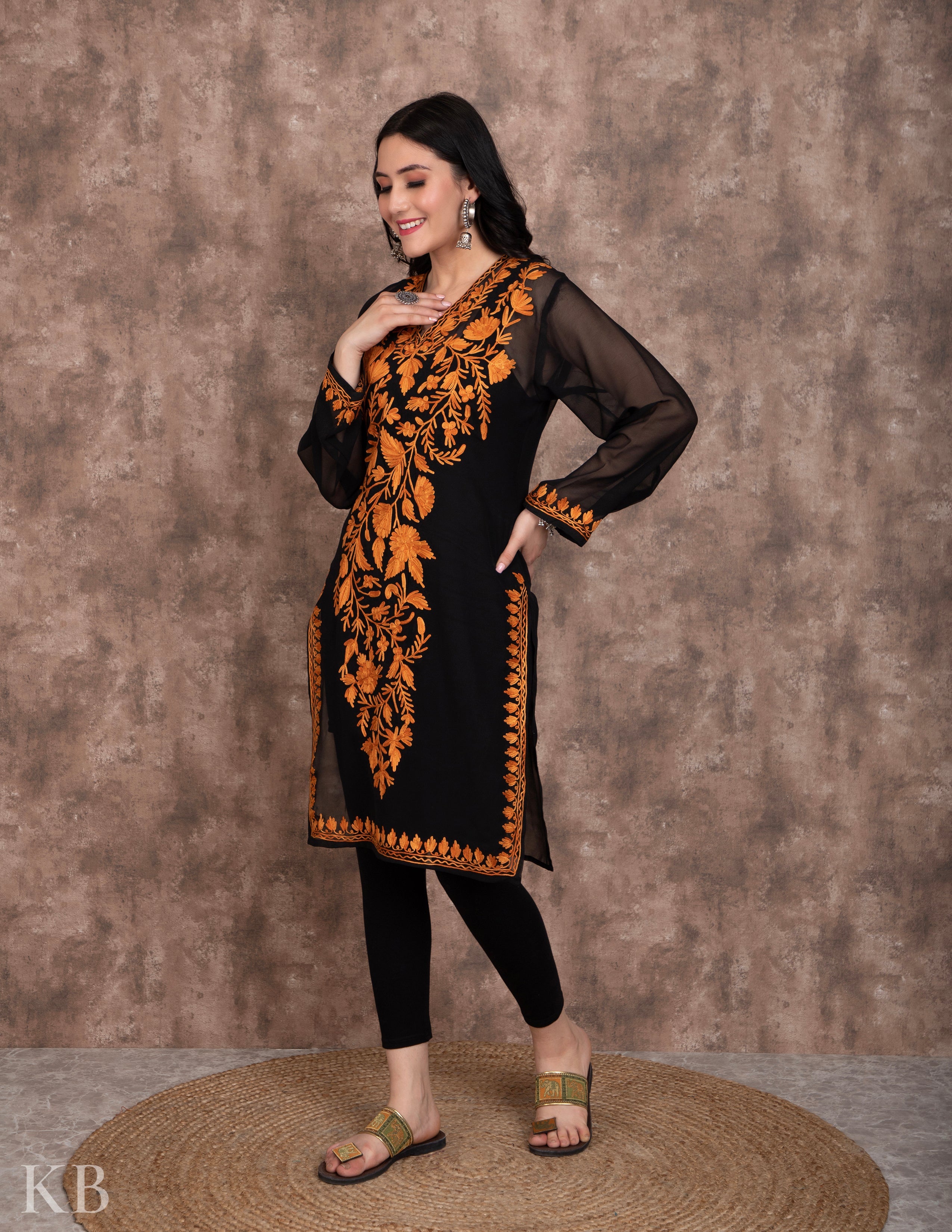 Black Aari Embroidered Georgette Kurti