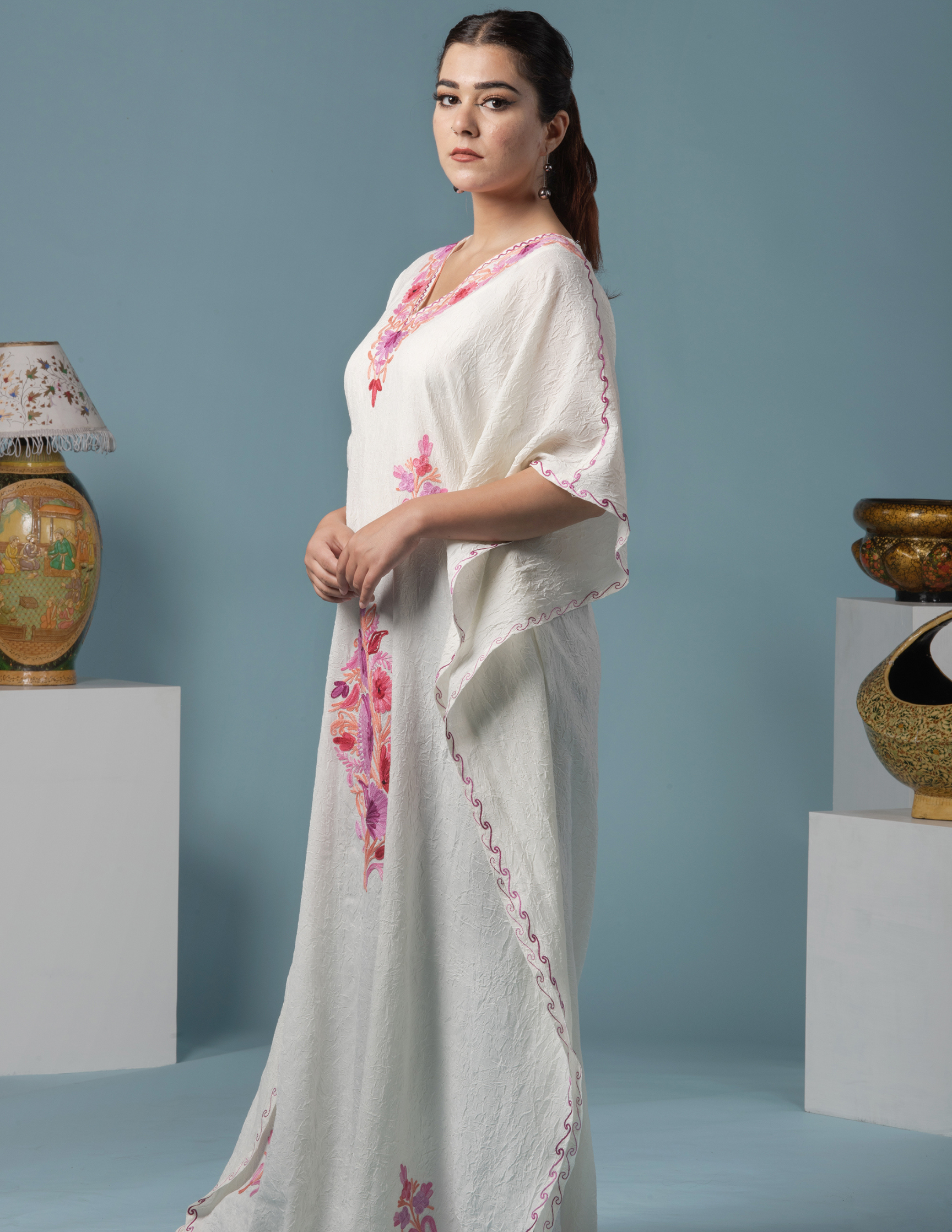 White Floral Aari Embroidered Cotton Kaftan - Kashmir Box