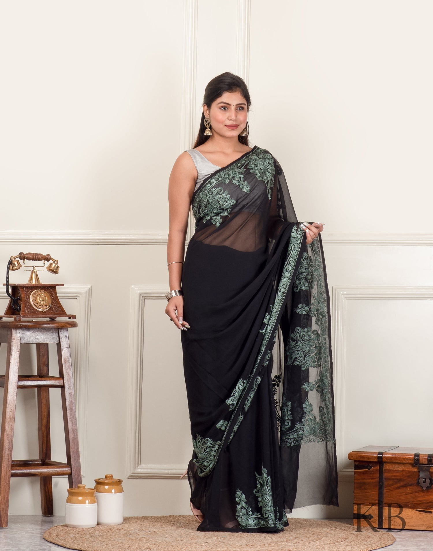 Black Aari Border Embroidered Georgette Saree - Kashmir Box