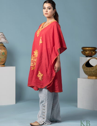 Bright Red Aari Embroidered Short Kaftan - Kashmir Box