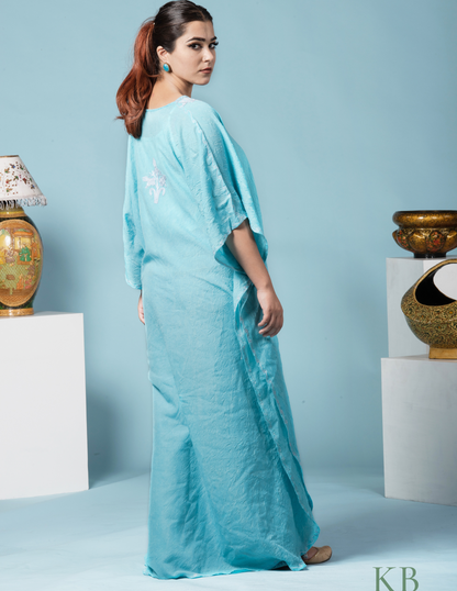 Blue Grey Aari Embroidered Cotton Kaftan - Kashmir Box