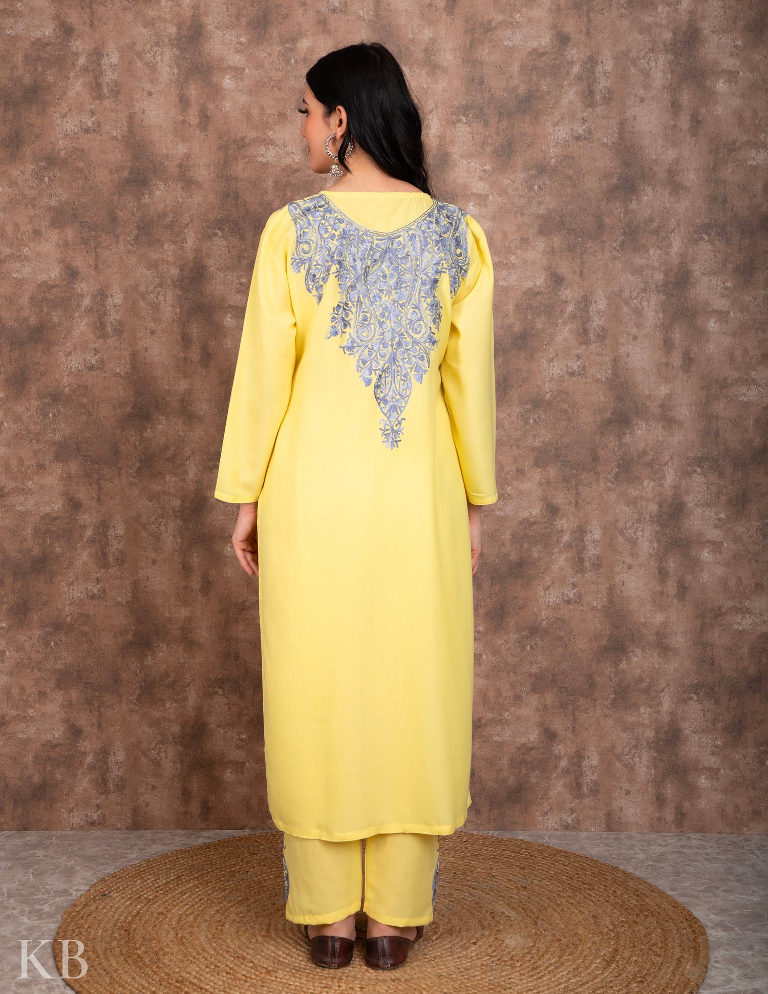 Lemon Aari embroidered Cotton Suit - Kashmir Box