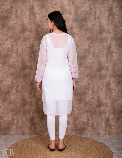 Powdered White Aari Embroidered Georgette Kurti