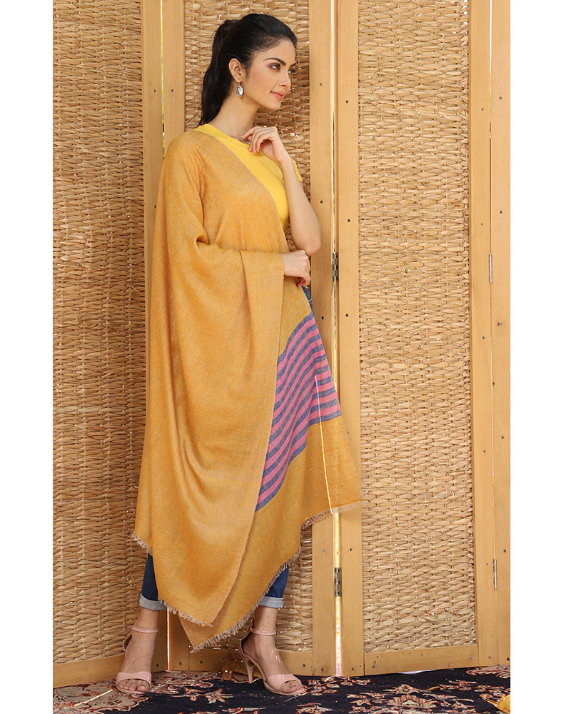 Mustard Stripped Cashmere Stole - KashmirBox.com