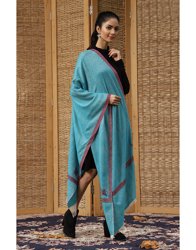 Turquoise Box Weave Hashidaar Cashmere Stole - KashmirBox.com