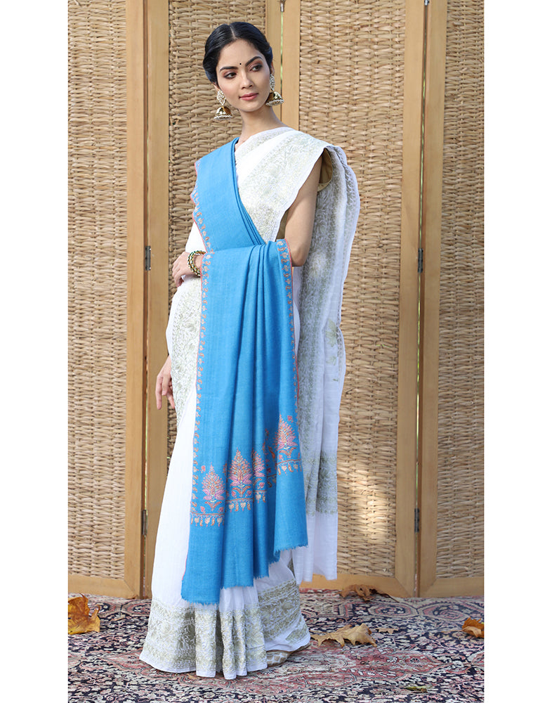 Sky Blue GI Dordaar Cashmere Shawl - KashmirBox.com