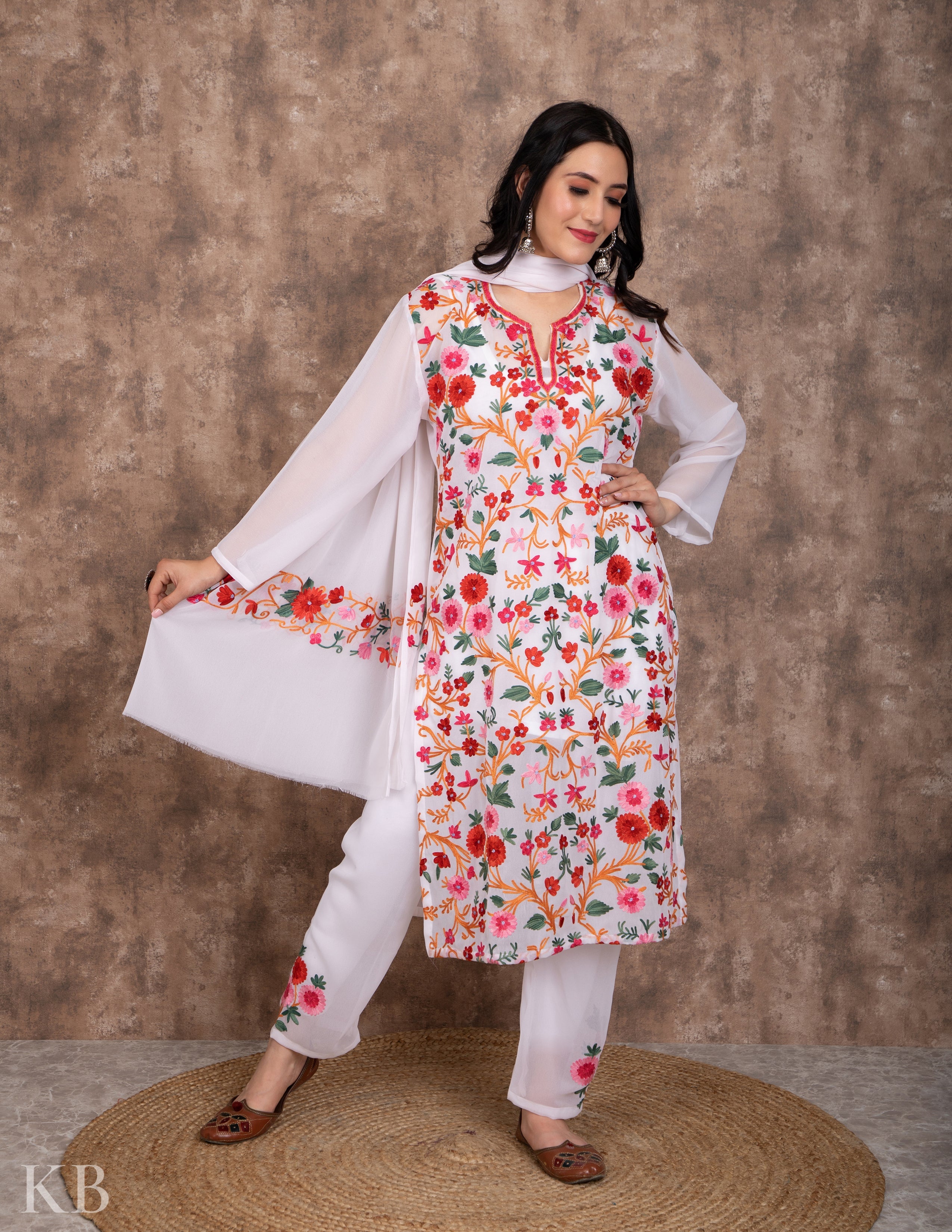 Bahaar White Aari Embroidered Georgette Suit - Kashmir Box