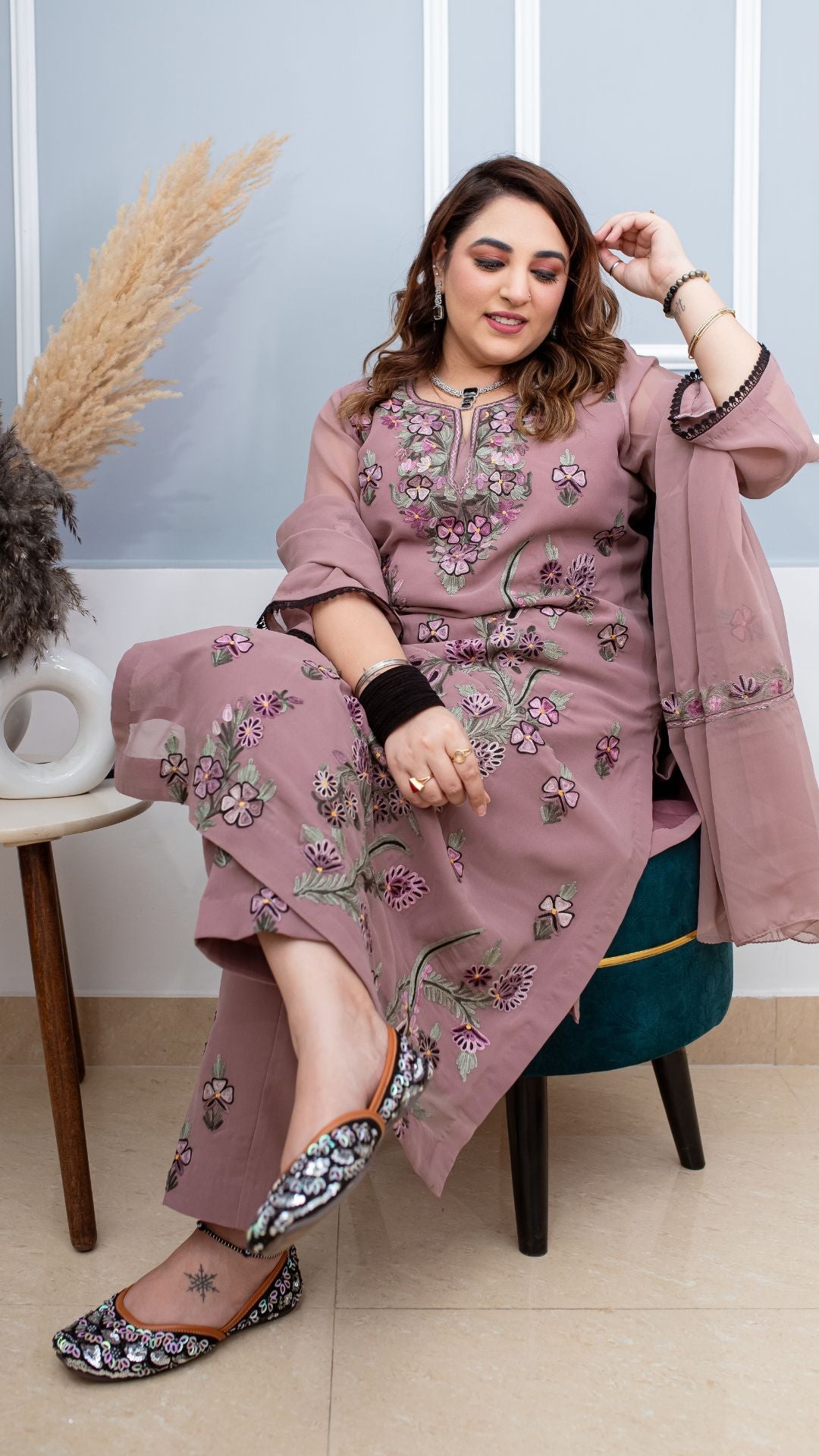 Rosy Brown Embroidered Three-piece Georgette  Suit