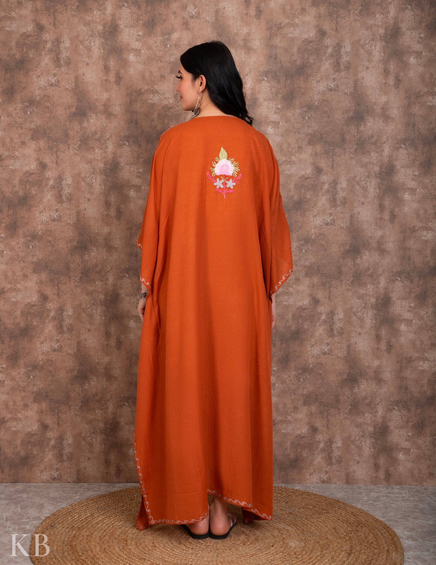 Peach Aari Embroidered Kaftan - Kashmir Box