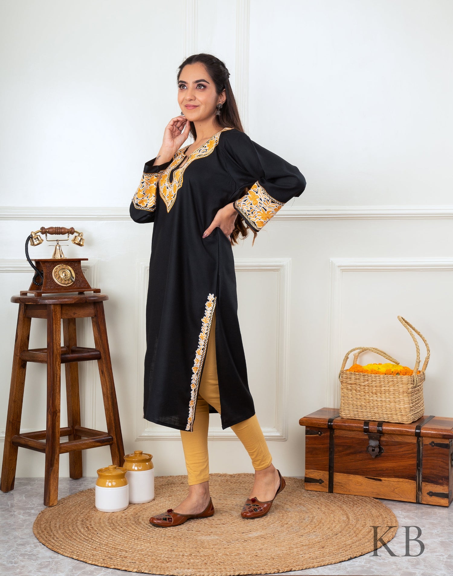 Black Marigold Aari Embroidered Cotton Kurti