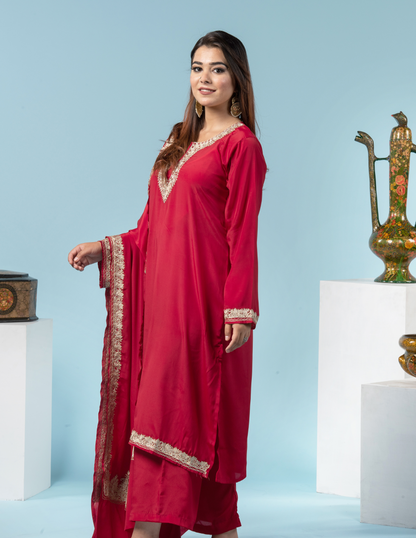 Fitoor Zari Embroidered Red Crepe Suit with 2.5 Meters Dupatta - Kashmir Box