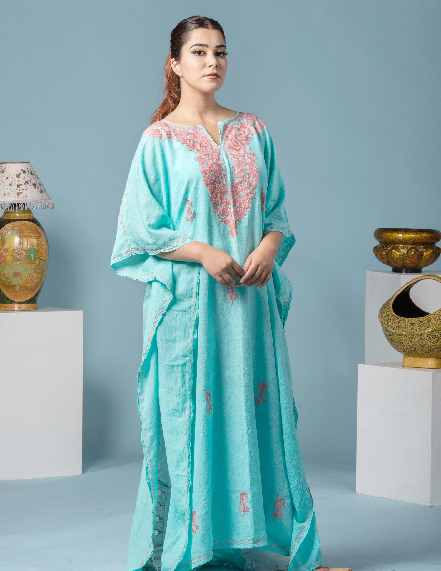 Badaam Posh Sea Green Embroidered Kaftan - Kashmir Box