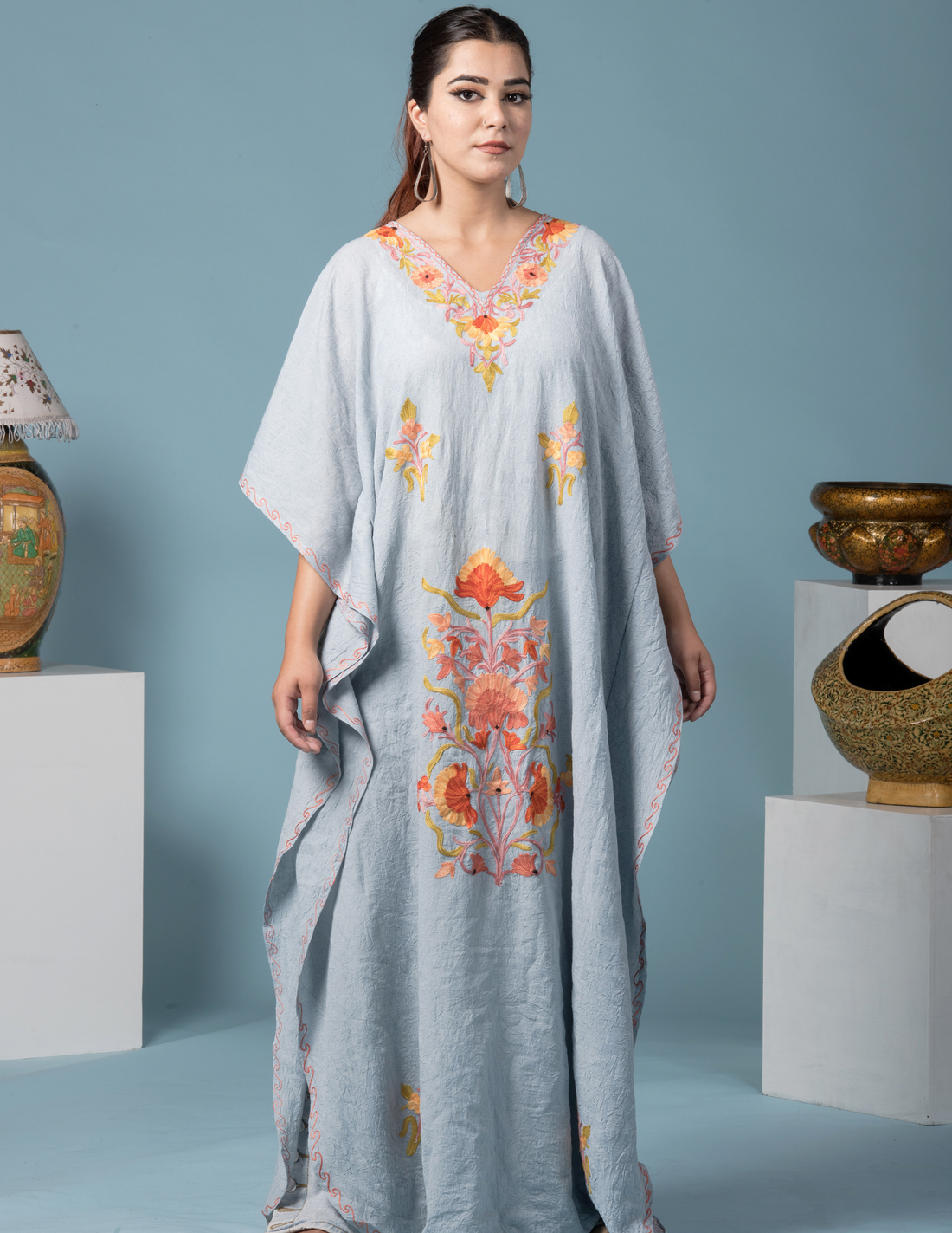 Grey Sunflower Arri Embroidered Kaftan - Kashmir Box