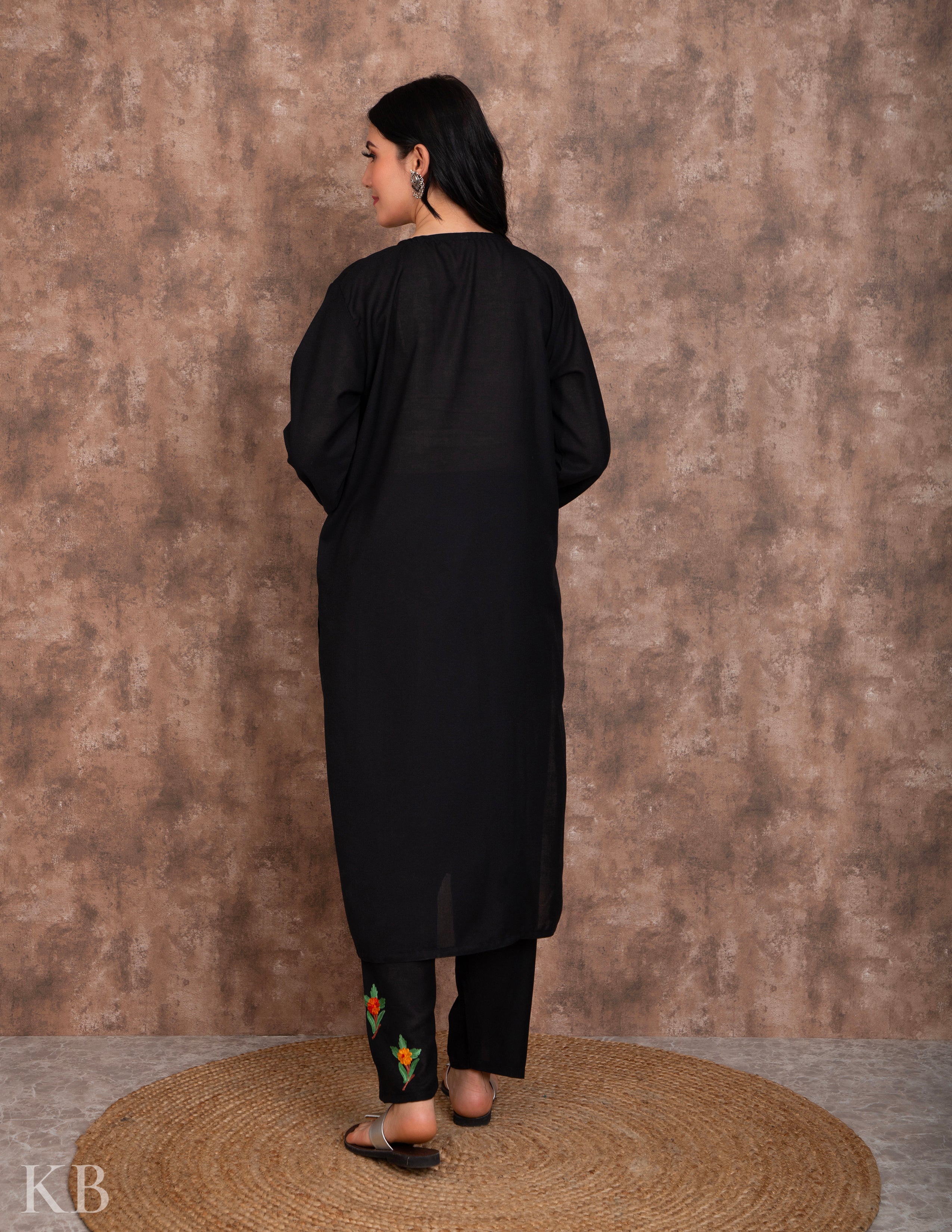 Classic Black Embroidered Cotton Suit - Kashmir Box