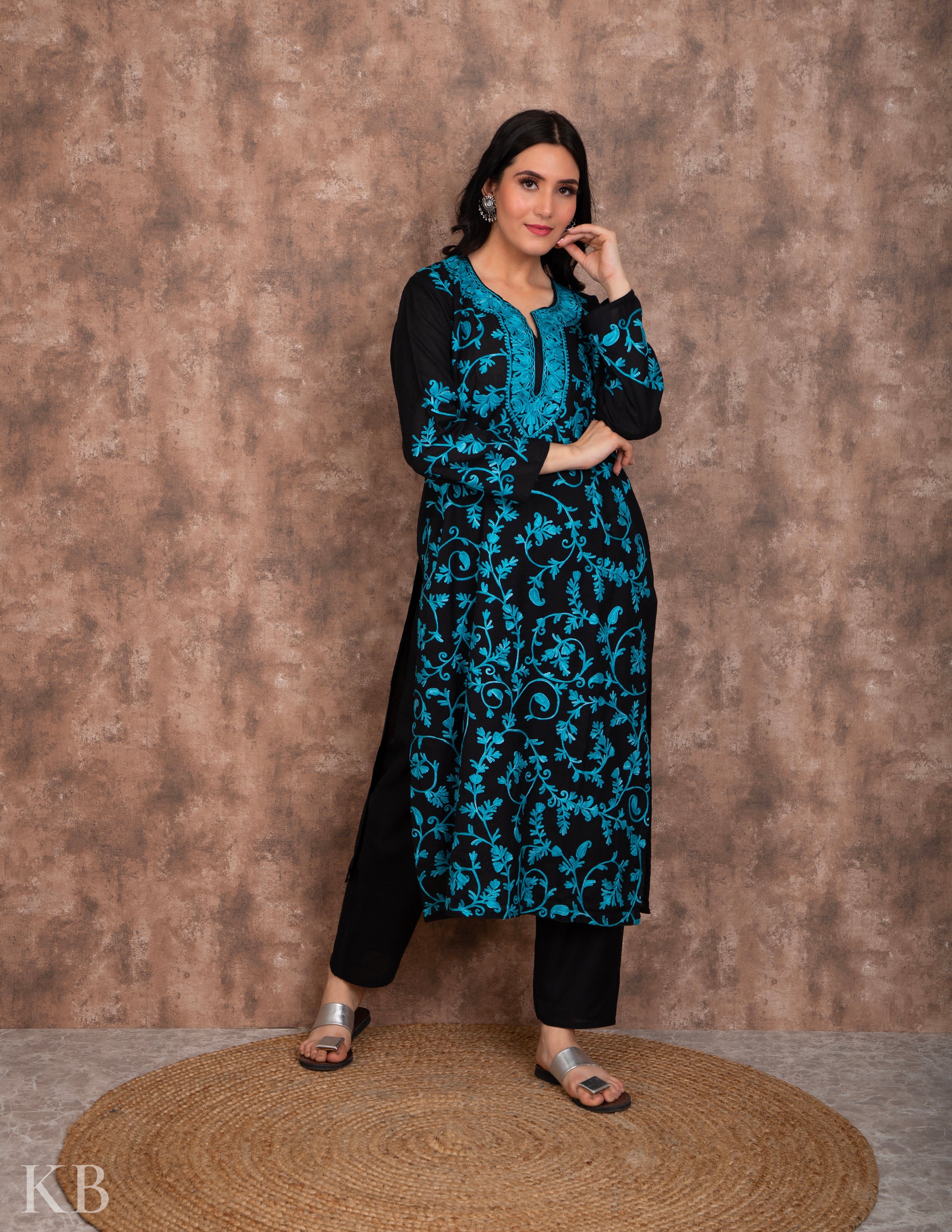 Sea Green Aari Embroidered Summer Suit - Kashmir Box